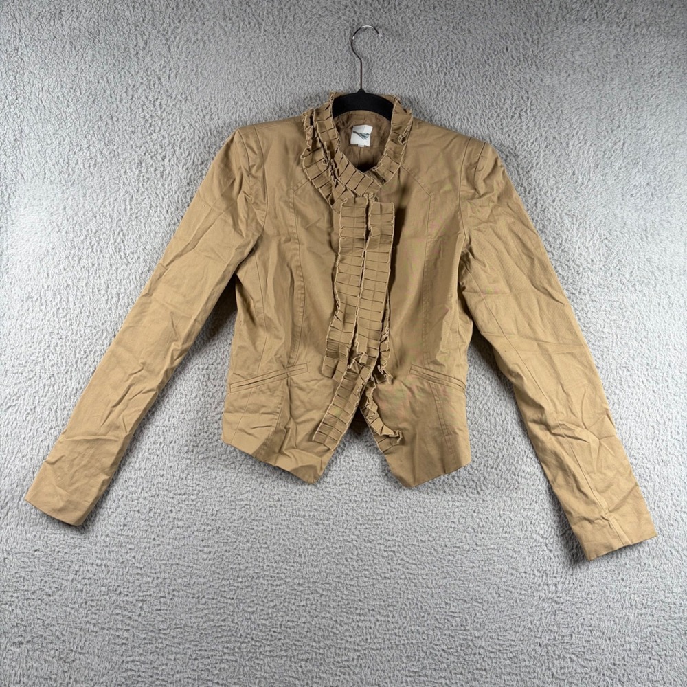 Anthropologie Sparrow Tan Cotton Ruffled Blazer Cropped Jacket Khaki Sz 4 Office